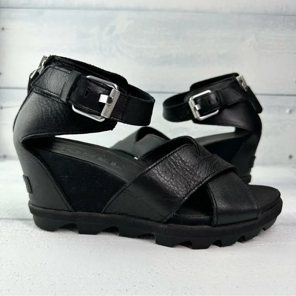 Sorel Joanie II Ankle Strap Wedge Sandal in Black - Picture 2 of 8